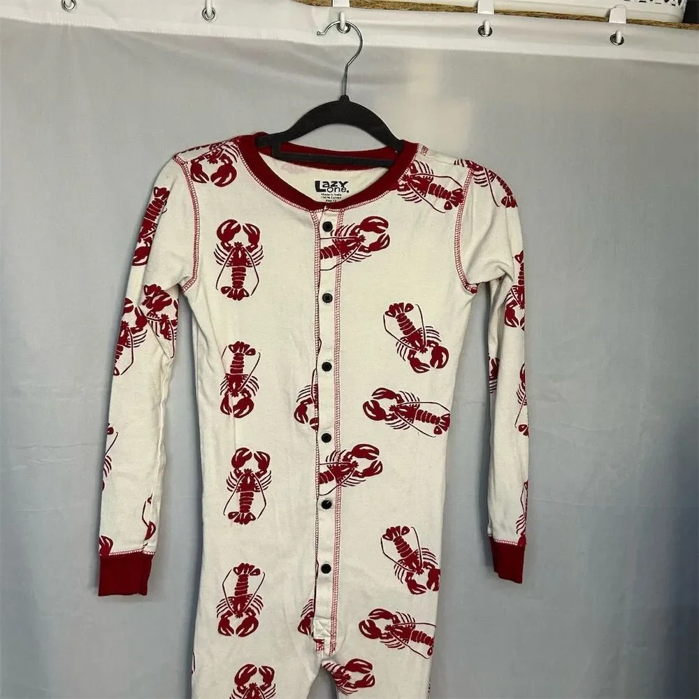 Lazy One Kids Lobster Print Onesie Flapjack Red Size 12 Long Sleeve Union Suit